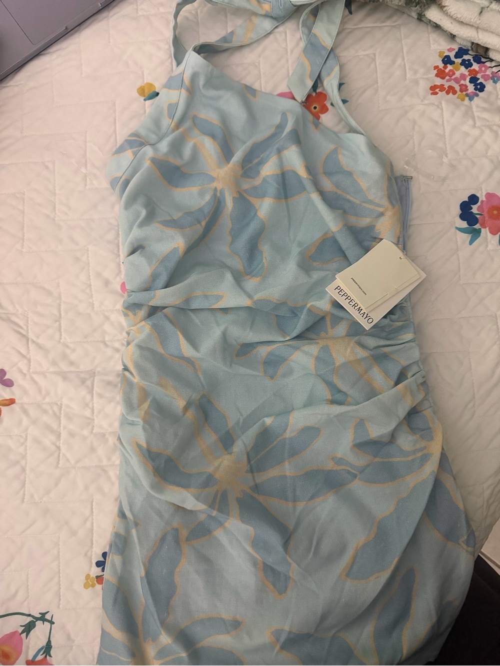 Peppermayo Light Blue Floral Halter Dress with Cream Accents